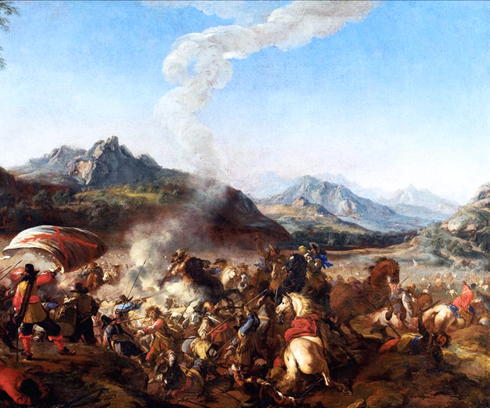 Jacques Courtois, Bataille entre les troupes européennes avec des porte-drapeau et des canons au premier plan