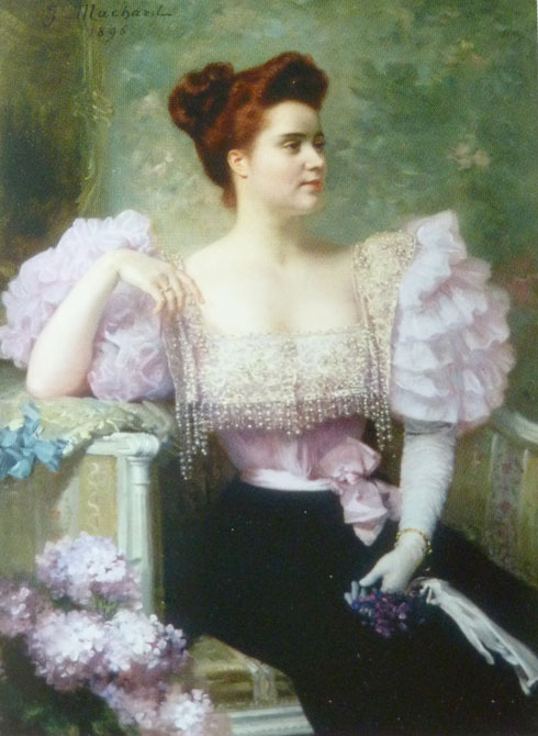 Jules Machard, Jeune femme en tenue de soirée assise près d'un bouquet d'hortensias, coll. part.