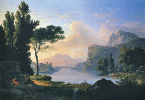 Jean-Pierre Péquignot, Paysage de fin d'après-midi avec des personnages discourant devant un tombeau. 