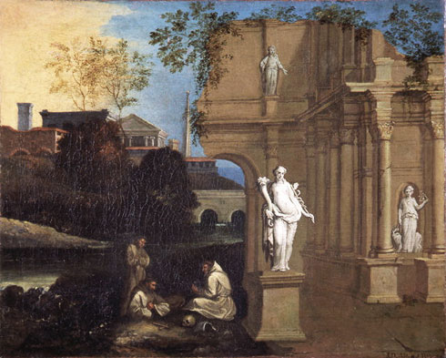 Jean-Denis Attiret, Paysage avec ruines et trois moines