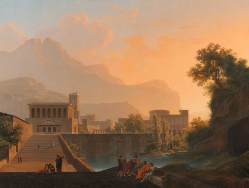 Jean-Pierre Péquignot, Paysage classique avec des batîments au coucher de soleil