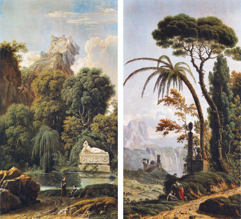 Jean-Pierre Péquignot, Paysageidéal avec Ariane endormie et Paysage avec un autel aux dieux Mânes
